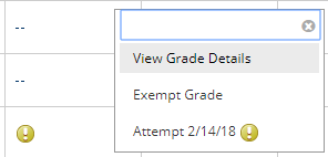 Grade center cell with options of View Grade Details, Exempt Grade, and an Attempt